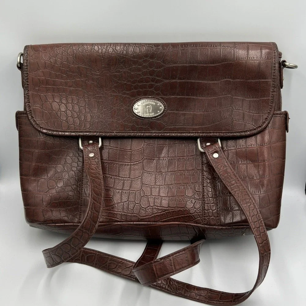 Etienne Aigner Laptop Messenger Bag Women Large Brown Good Croc Embossed
